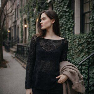 A|X Armani Exchange Sheer Open Knit Mohair Blend Boatneck VTG Sweater Sz S Black